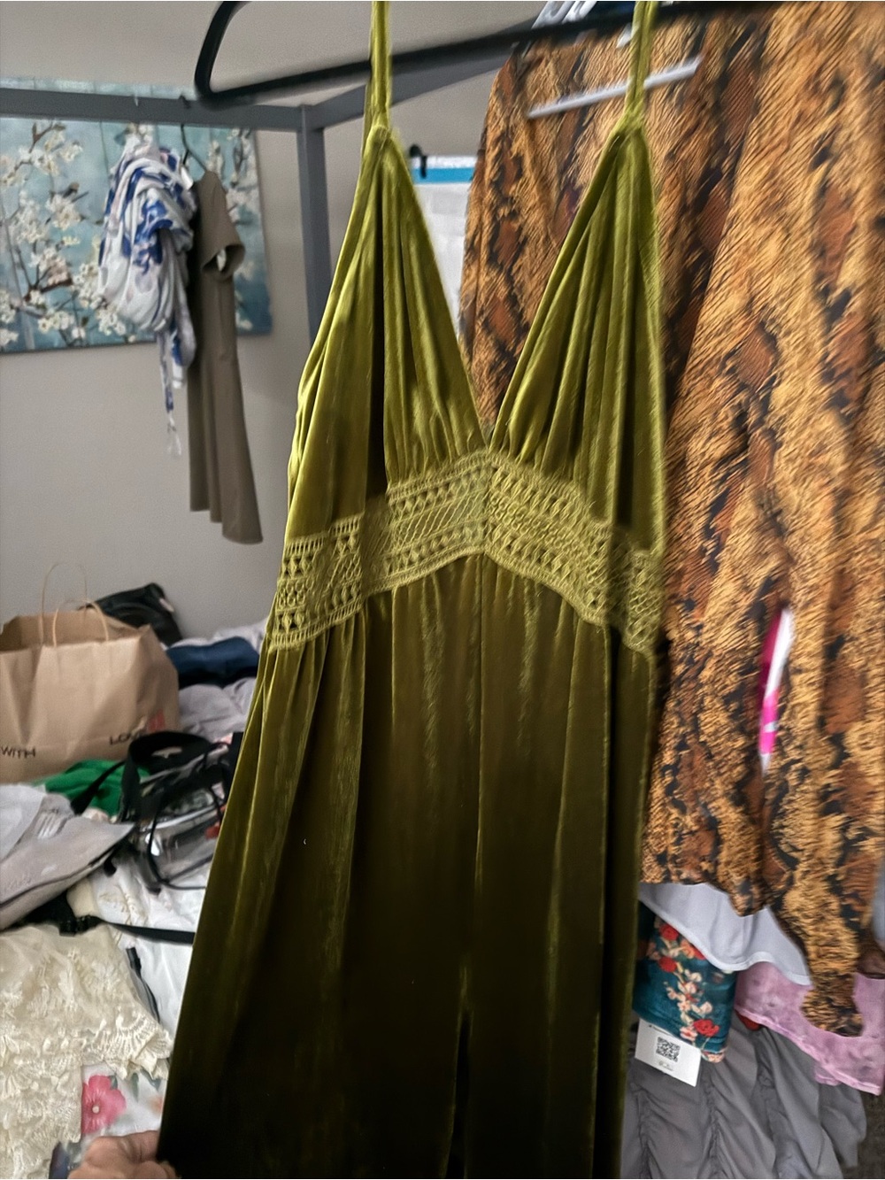 Cider Olive Green Velvet wide legged jumpsuit with Crochet Waist